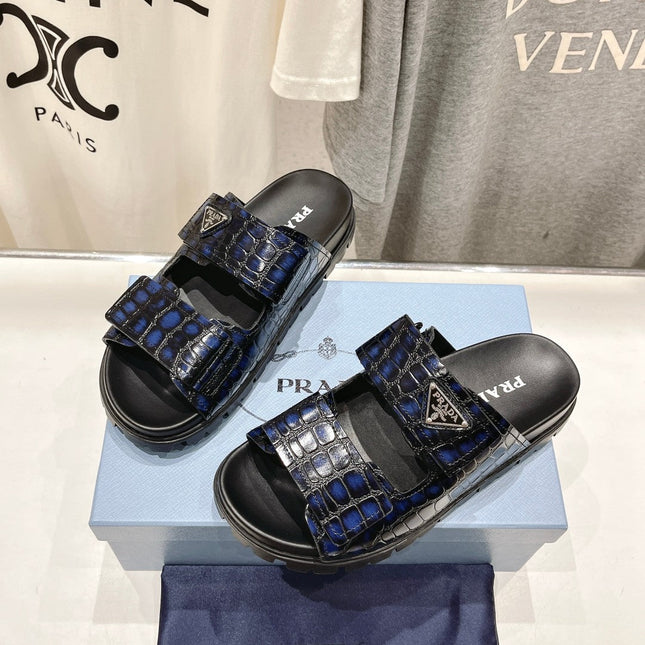 PRA CROCODILE LEATHER MOTIF SANDALS BLACK AND LAPIS CALFSKIN