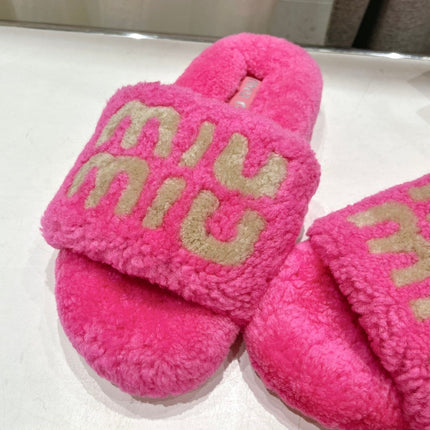 MIUMIU 26S SANDALS IN PINK SHEARLING WITH LOGO LETTERING