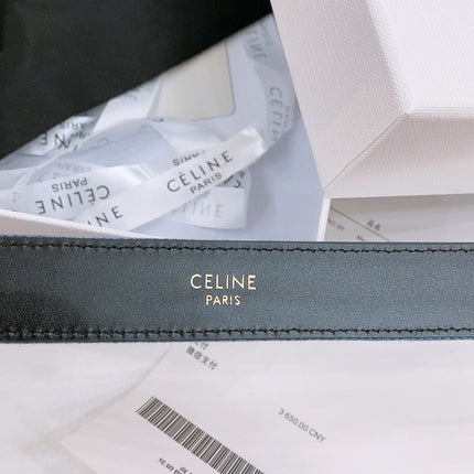 CELINE 25S BELT TRIOMPHE TAURILLON 25MM IN BLACK CALFSKIN AND DENIM 558349
