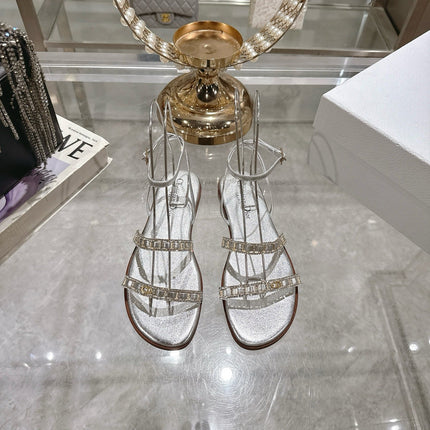 FLAT SANDALS 25S IN SILVER CALFSKIN RHINESTONES STRAP