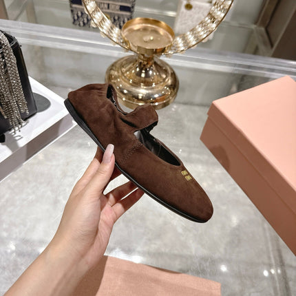 MIUMIU 26S MARY JANE FLATS IN DARK BROWN SUEDE ELASTIC STRAP