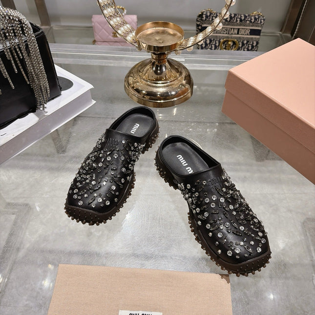MIUMIU 26S CRYSTAL-EMBROIDERED MULES IN BLACK CALFSKIN