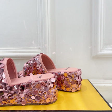 FENDI THICK SOLE 6 CM SEQUIN SLIPPER ROUGH PINK