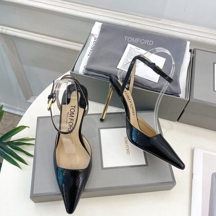 HIGH SLINGBACKS 10 CM IN BLACK SNAKE-PATTERN CALFSKIN