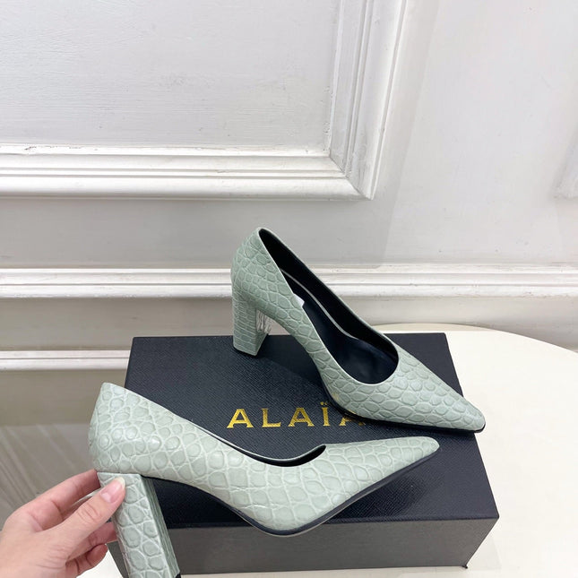 ALAIA 26S HIGH HEELS 95 MM IN SAGE GREEN CROCODILE-EMBOSSED CALFSKIN