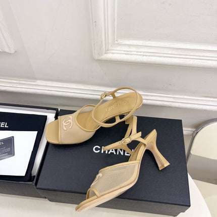 CHANEL 26S HIGH HEEL SLINGBACK SANDALS 70 MM IN BEIGE MESH