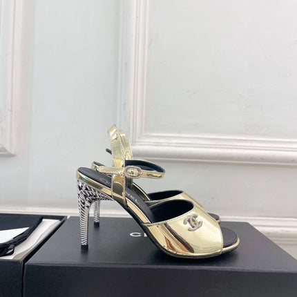 CHANEL 26S HIGH HEEL SLINGBACK SANDALS 90 MM IN GOLD LAMBSKIN WITH CC LOGO