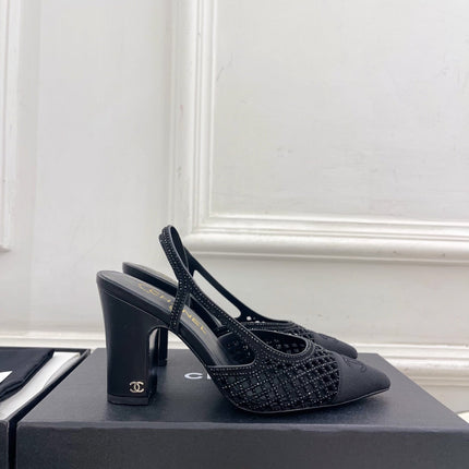 CHANEL 26S POINTED TOE HIGH HEEL SLINGBACK PUMPS 90 MM IN BLACK MESH