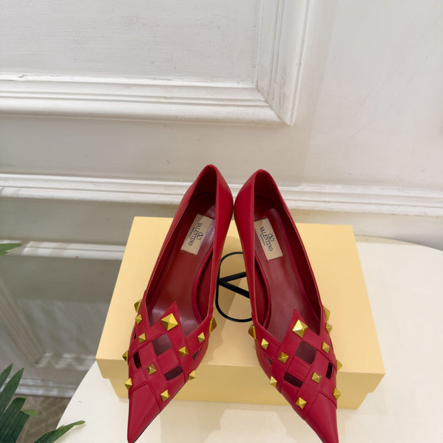 VALENTINO 26S STUDDED POINTED TOE PUMPS 80 MM IN RED CALFSKIN