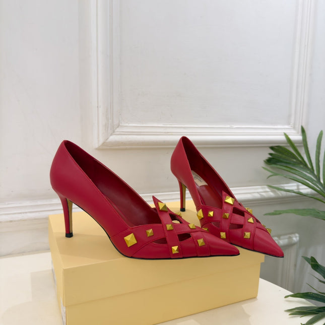 VALENTINO 26S STUDDED POINTED TOE PUMPS 80 MM IN RED CALFSKIN