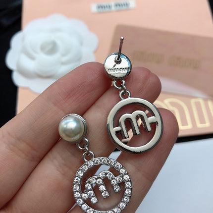 MIUMIU 26S PEARL DROP CRYSTAL LOGO CIRCLE EARRINGS IN SILVER TONE METAL 615772