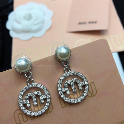 MIUMIU 26S PEARL DROP CRYSTAL LOGO CIRCLE EARRINGS IN SILVER TONE METAL 615772