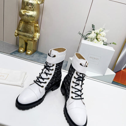 BALMAIN 26S BOOTS IN WHITE CALFSKIN AND BLACK WOOL
