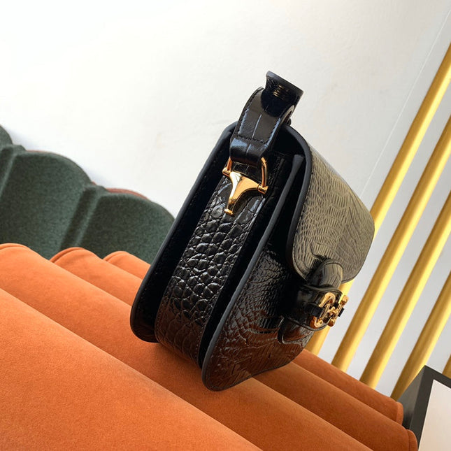GG 1955 Horsebit Bag 25cm Black Crocodile Leather Gold Hardware