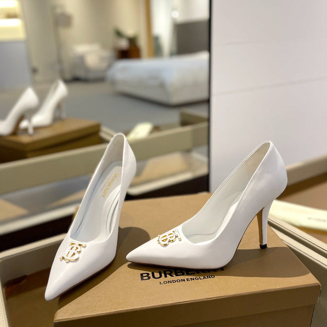 BURBERRY 26S HIGH HEELS 105 MM IN WHITE CALFSKIN WITH LOGO