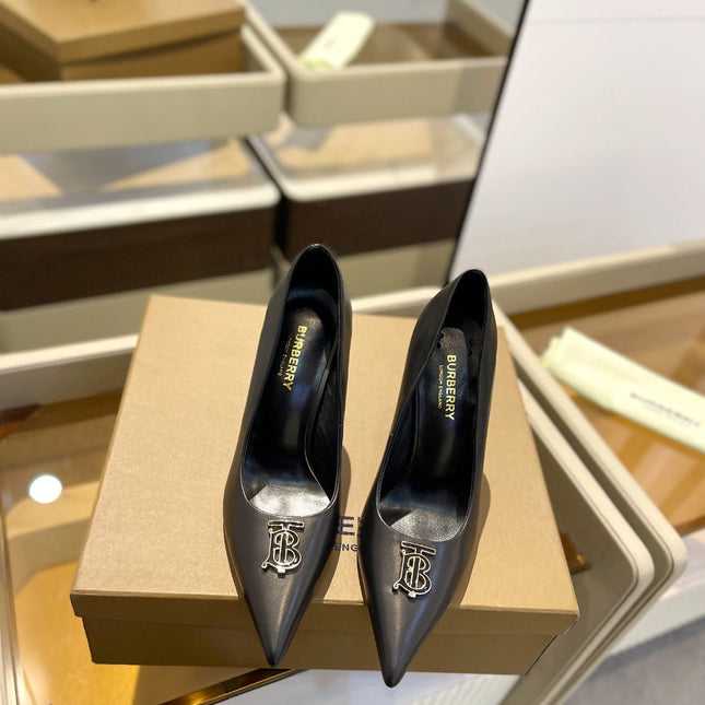 BURBERRY 26S HIGH HEELS 105 MM IN BLACK CALFSKIN WITH LOGO