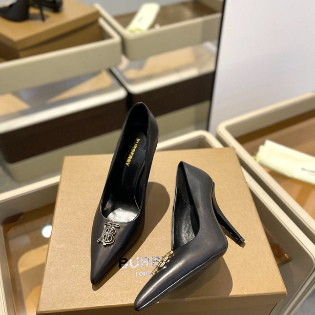 BURBERRY 26S HIGH HEELS 105 MM IN BLACK CALFSKIN WITH LOGO