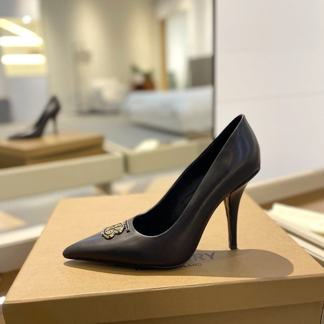 BURBERRY 26S HIGH HEELS 105 MM IN BLACK CALFSKIN WITH LOGO